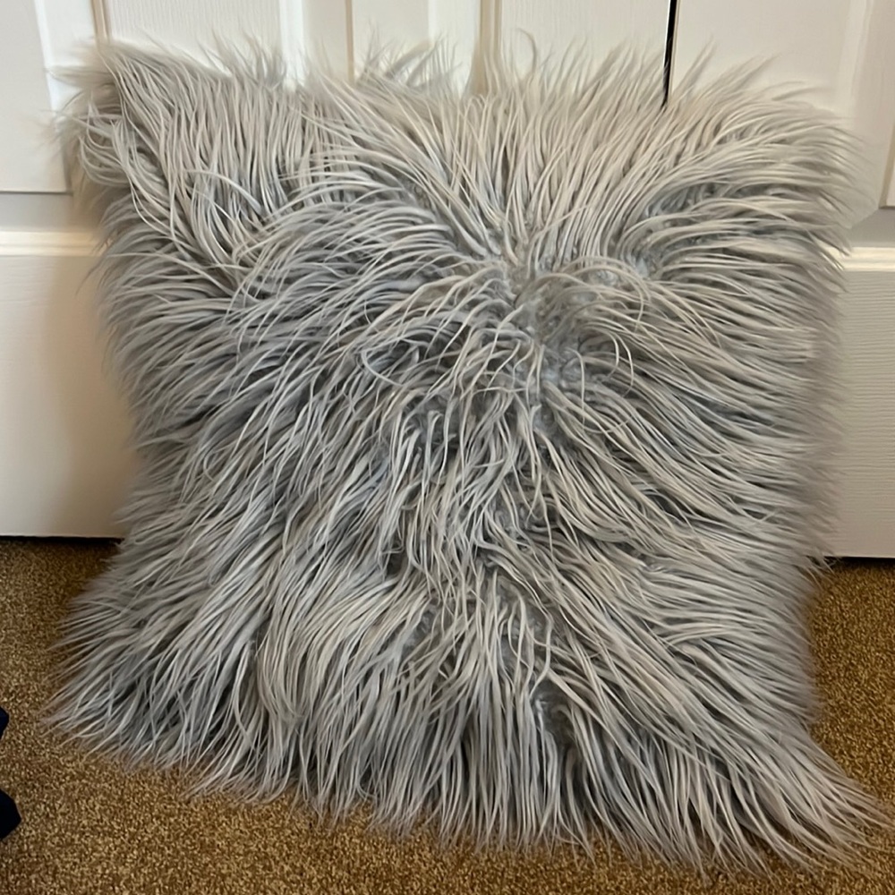 Grey fuzzy pillow, clean condition